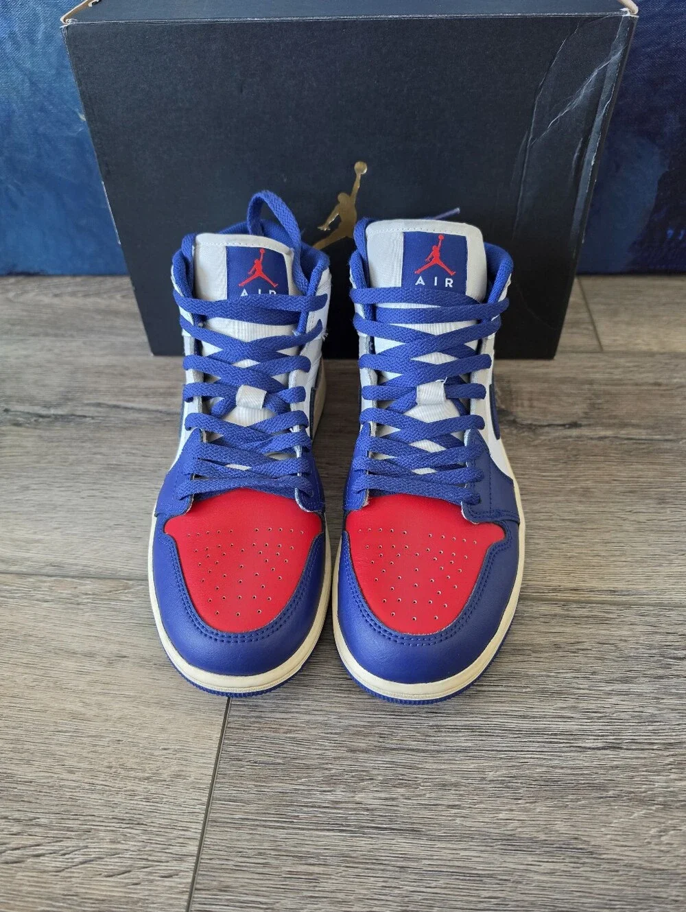 Jordan Men’s Mid Sneakers in White, Blue & Red